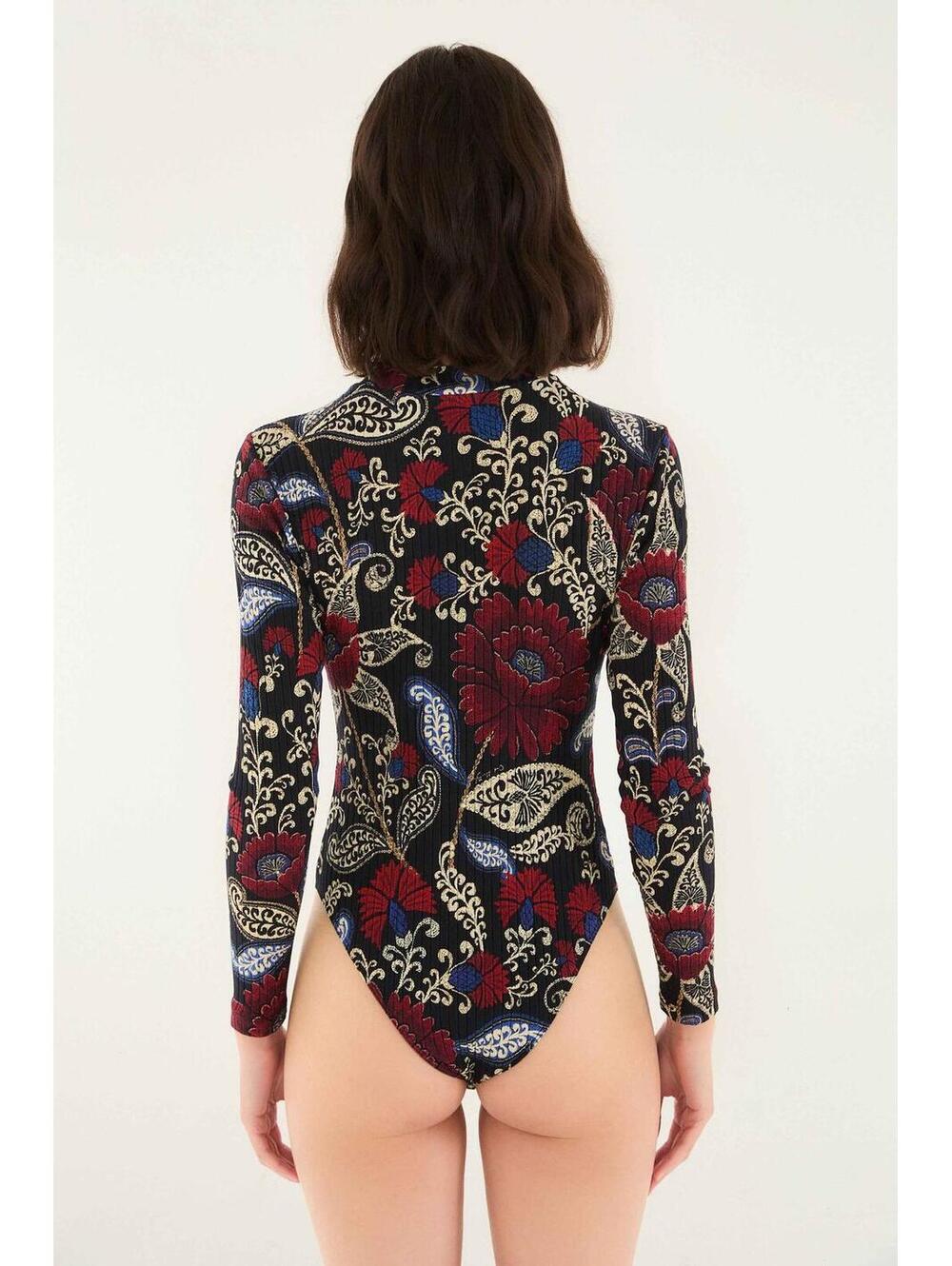 NWT! FARM Rio Valentina Black Floral Paisley Ribbed Long Sleeve Bodysuit Size‎ S - Picture 2 of 9
